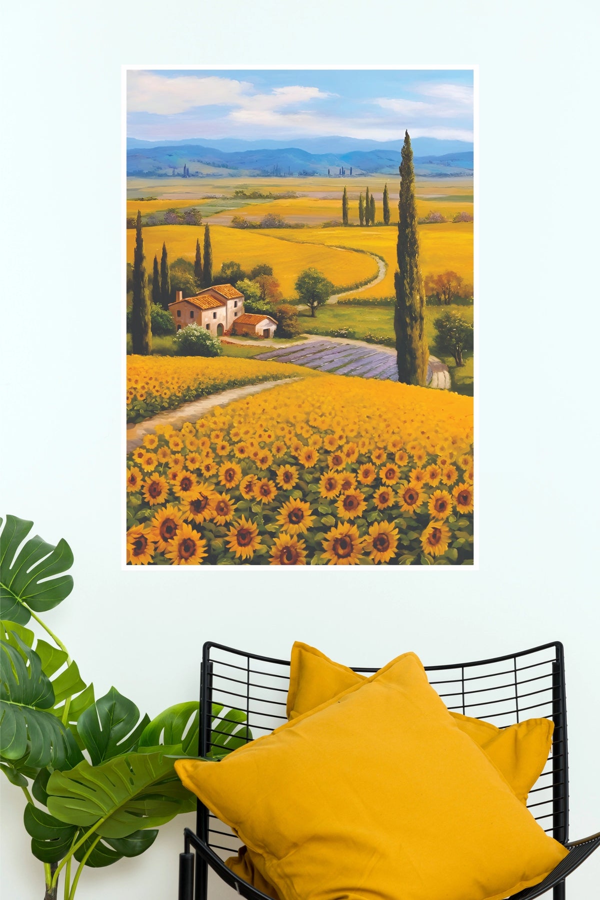 Tuscan Sunflower Field Canvas Wall Art Print(Moon Light Sky Poster)