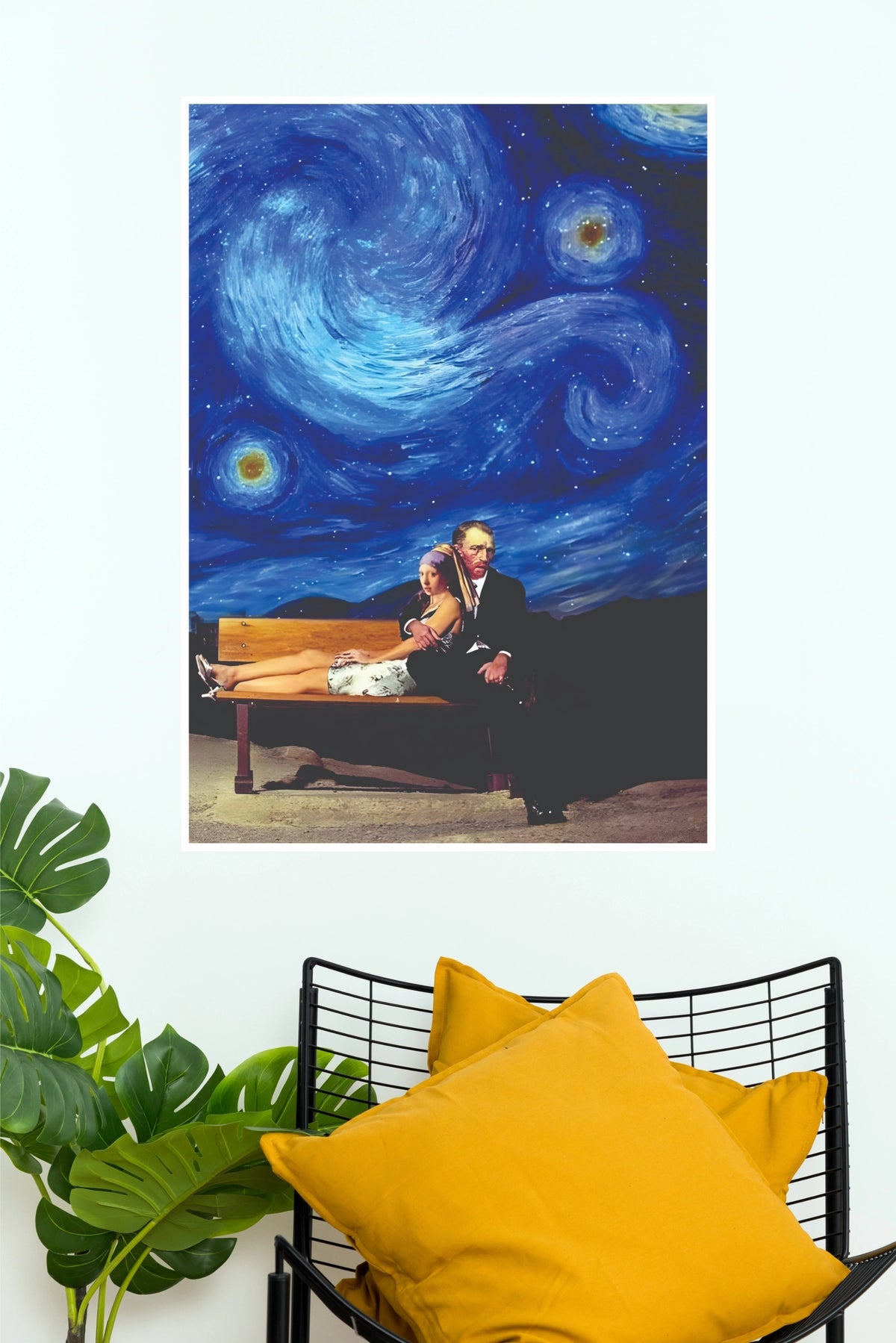 Van Gogh and Girl with a Pearl Earring Starry Night Bench Canvas Art Poster(Moon Light Sky Poster)
