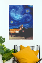 Van Gogh and Girl with a Pearl Earring Starry Night Bench Canvas Art Poster(Moon Light Sky Poster)