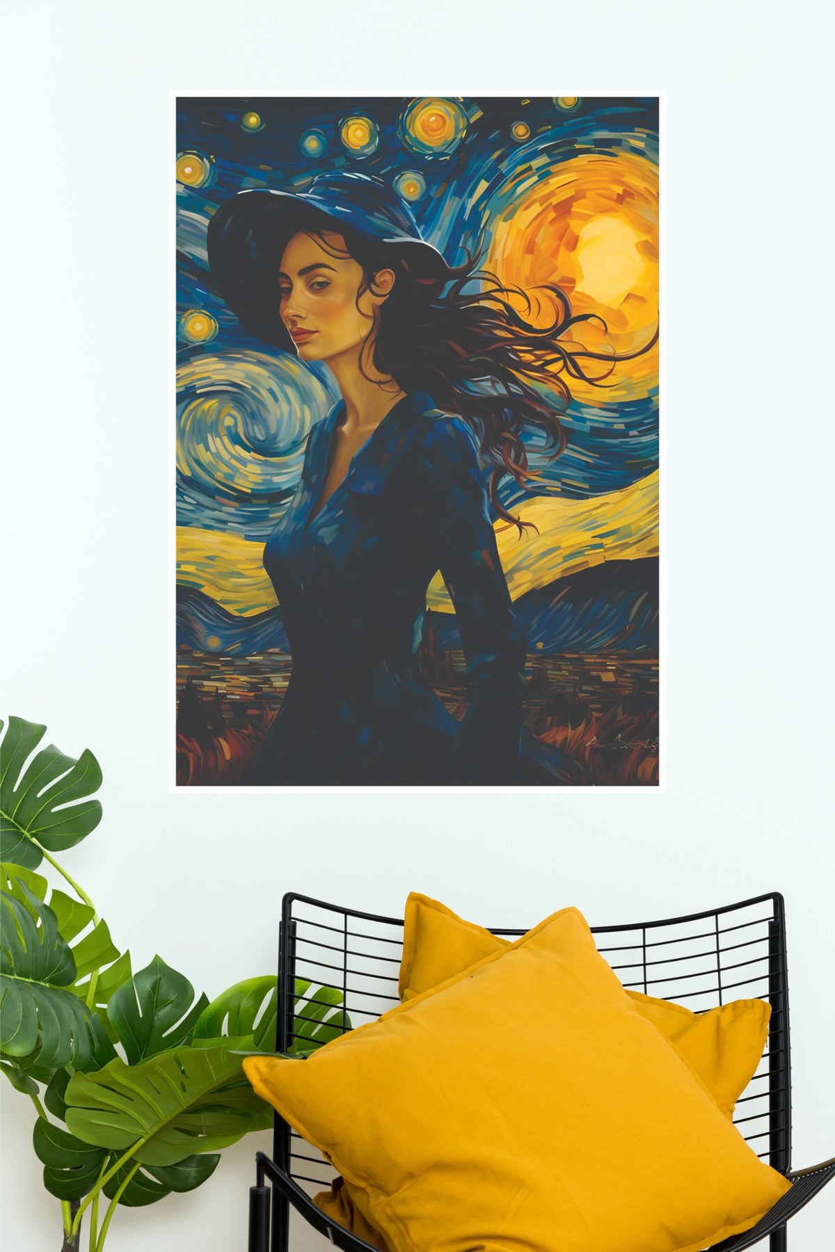 Woman in Starry Night Style Wall Art Print – Impressionist Portrait Canvas & Poster(Moon Light Sky Poster)