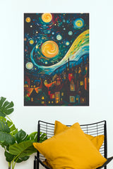 Whimsical Starry Night Village Paper Poster – Abstract Celestial Wall Art(Moon Light Sky Poster)