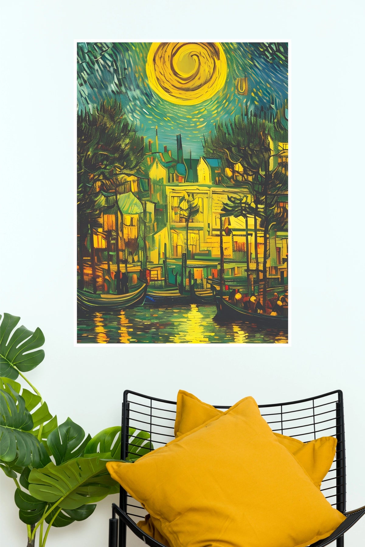Starry Night Over Canal City Wall Art – Impressionist Venice Landscape Canvas Poster(Moon Light Sky Poster)