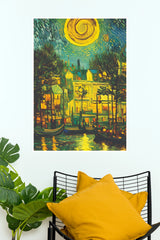 Starry Night Over Canal City Wall Art – Impressionist Venice Landscape Canvas Poster(Moon Light Sky Poster)