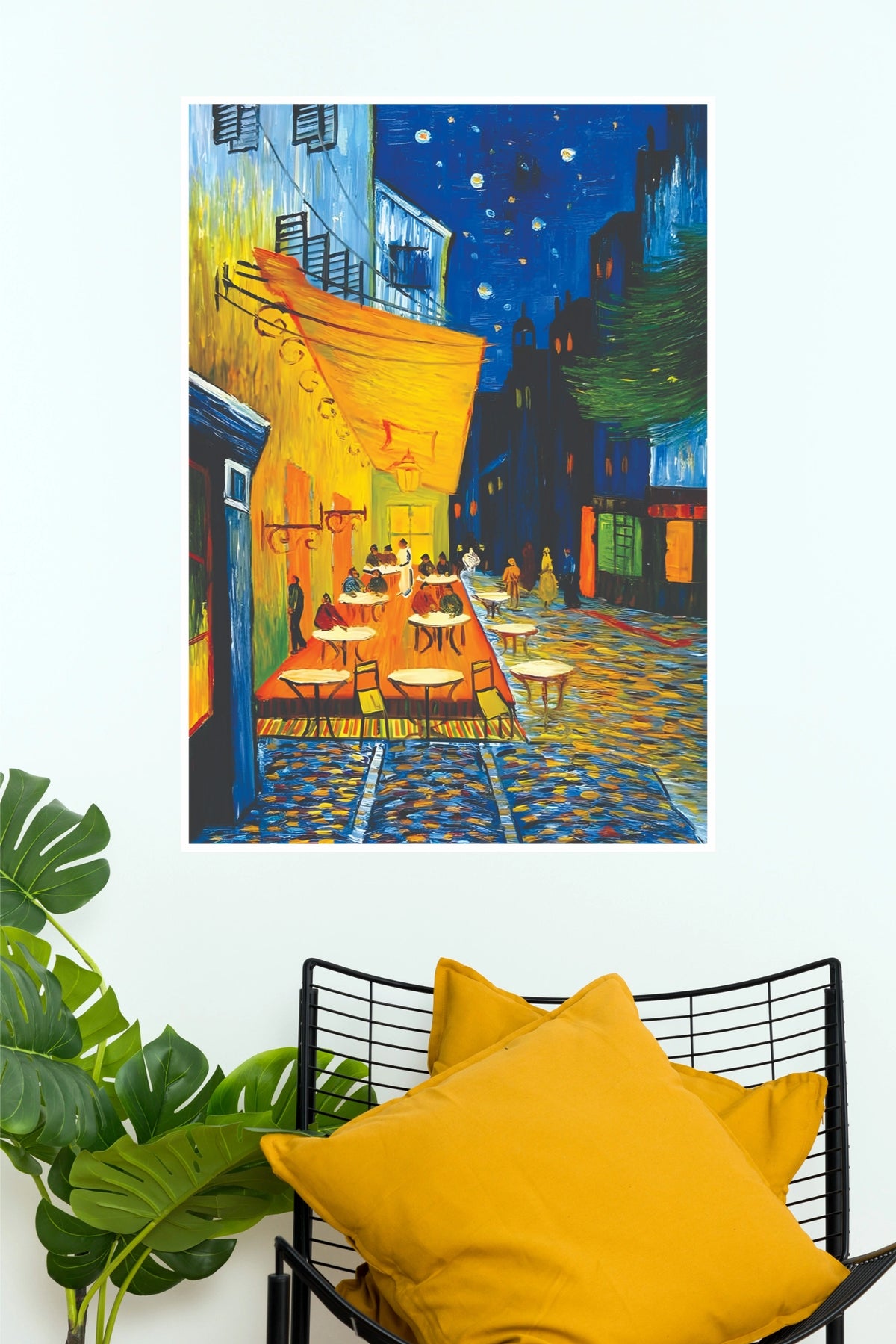 Café Terrace at Night Wall Art – Impressionist European Outdoor Café Paper Poster(Moon Light Sky Poster)