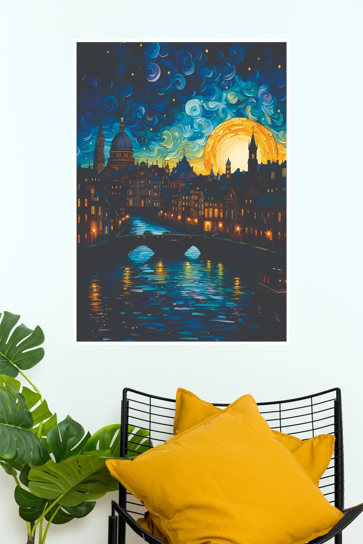 Starry Night European Skyline Wall Art – Impressionist Bridge & River Paper Poster(Moon Light Sky Poster)