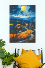 Starry Night Countryside Village Wall Art – Impressionist Tuscan Hilltop Landscape Paper Poster(Moon Light Sky Poster)