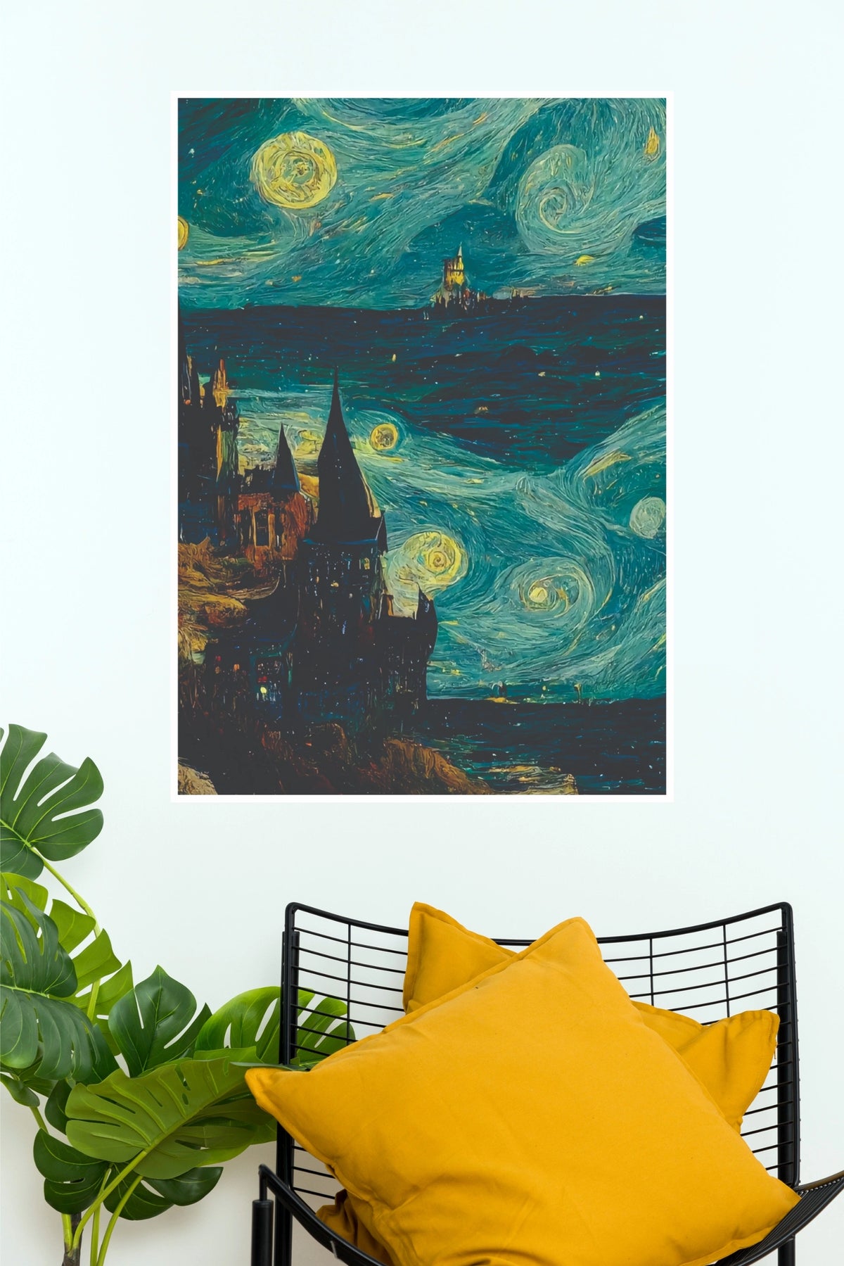 Starry Night Coastal Castle Wall Art – Impressionist Ocean Fortress Paper Poster(Moon Light Sky Poster)