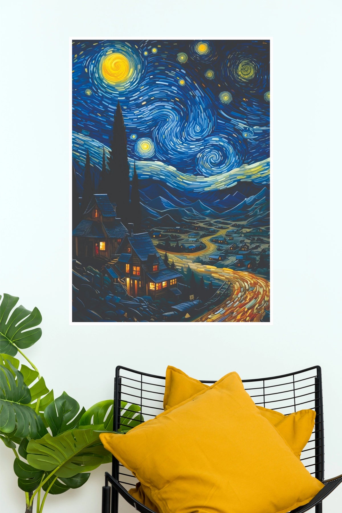 Starry Night Mountain Village Wall Art – Impressionist Cozy Cabin Paper Poster(Moon Light Sky Poster)