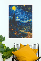 Starry Night Mountain Village Wall Art – Impressionist Cozy Cabin Paper Poster(Moon Light Sky Poster)