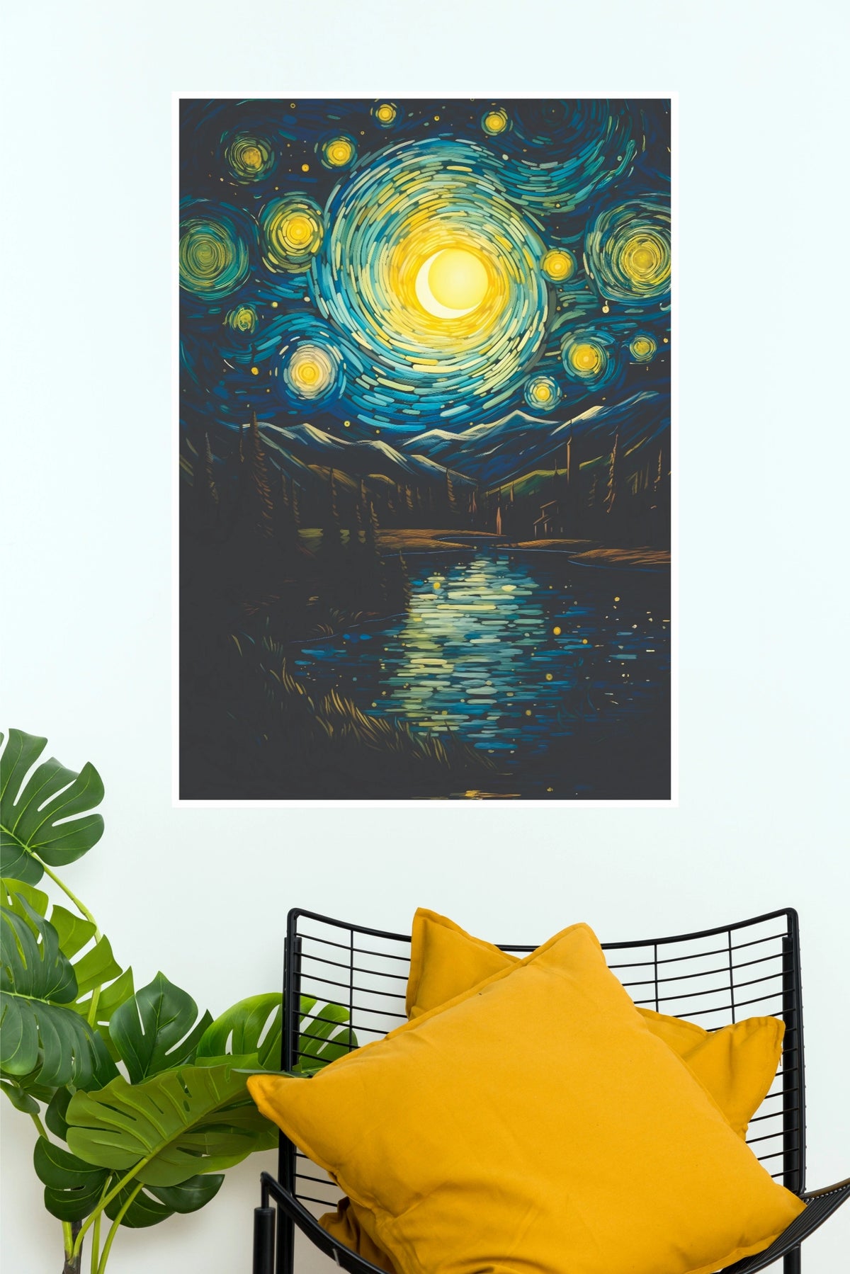 Starry Night Mountain Lake Wall Art – Impressionist Crescent Moon Paper Poster(Moon Light Sky Poster)