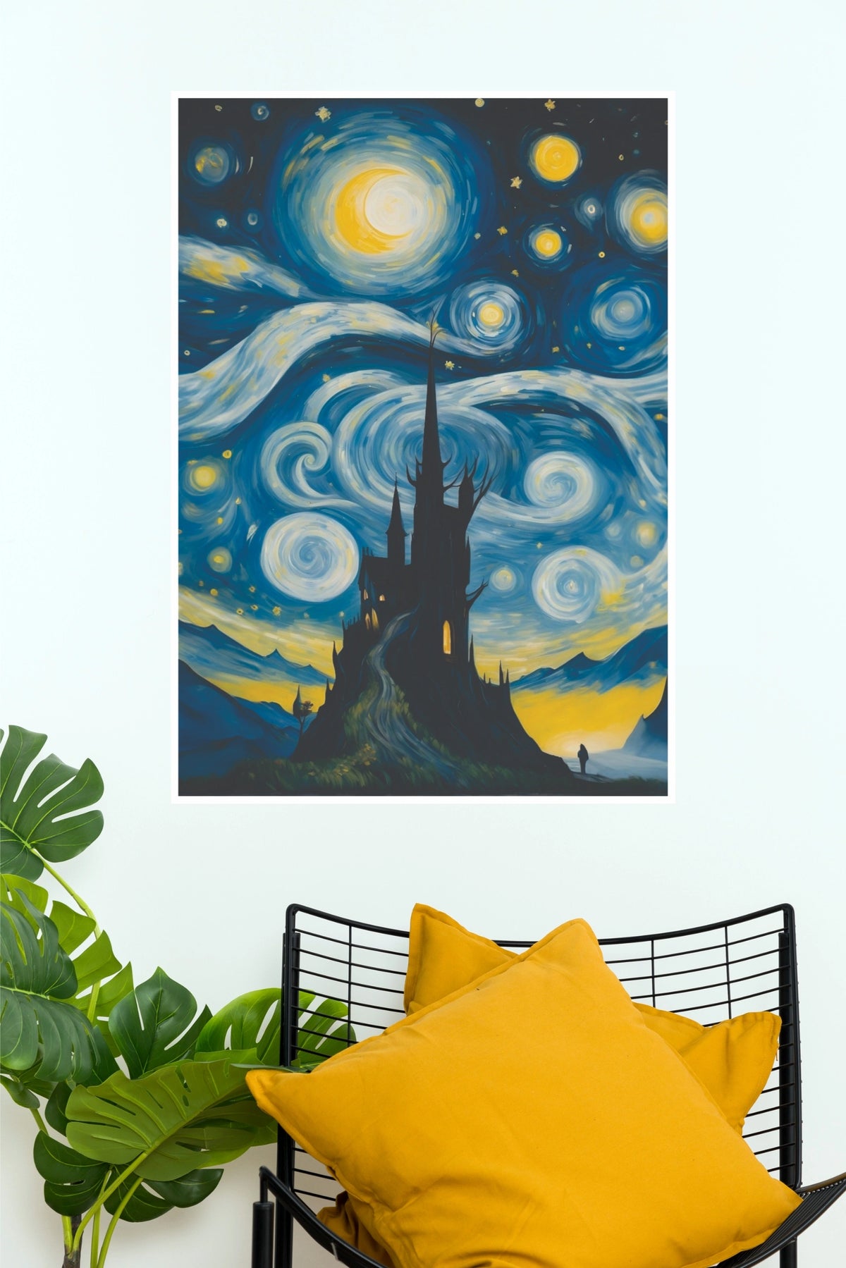 Starry Night Gothic Castle Wall Art – Impressionist Fantasy Spire Paper Poster(Moon Light Sky Poster)