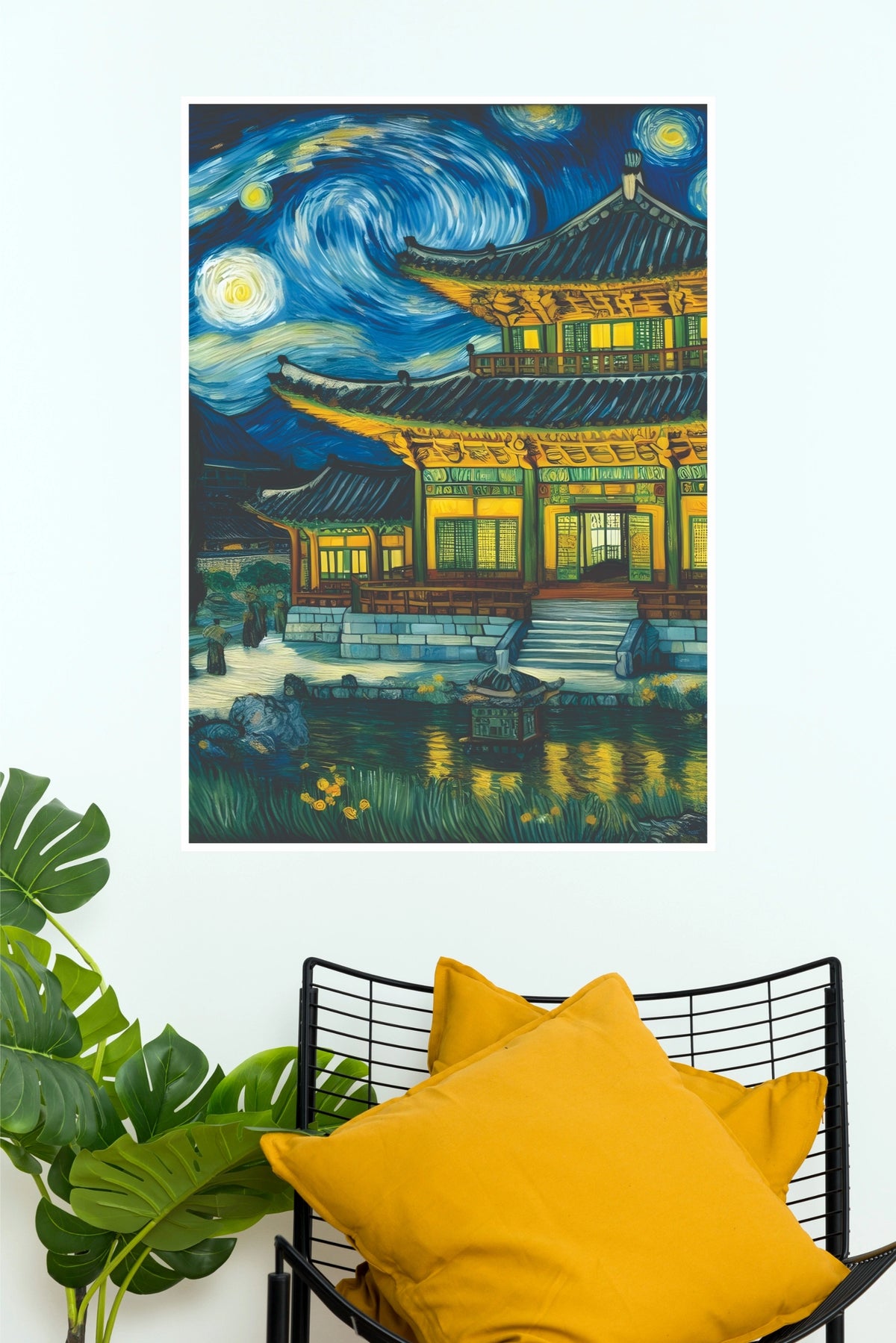 Starry Night Asian Temple Wall Art – Impressionist Pagoda Landscape Paper Poster(Moon Light Sky Poster)