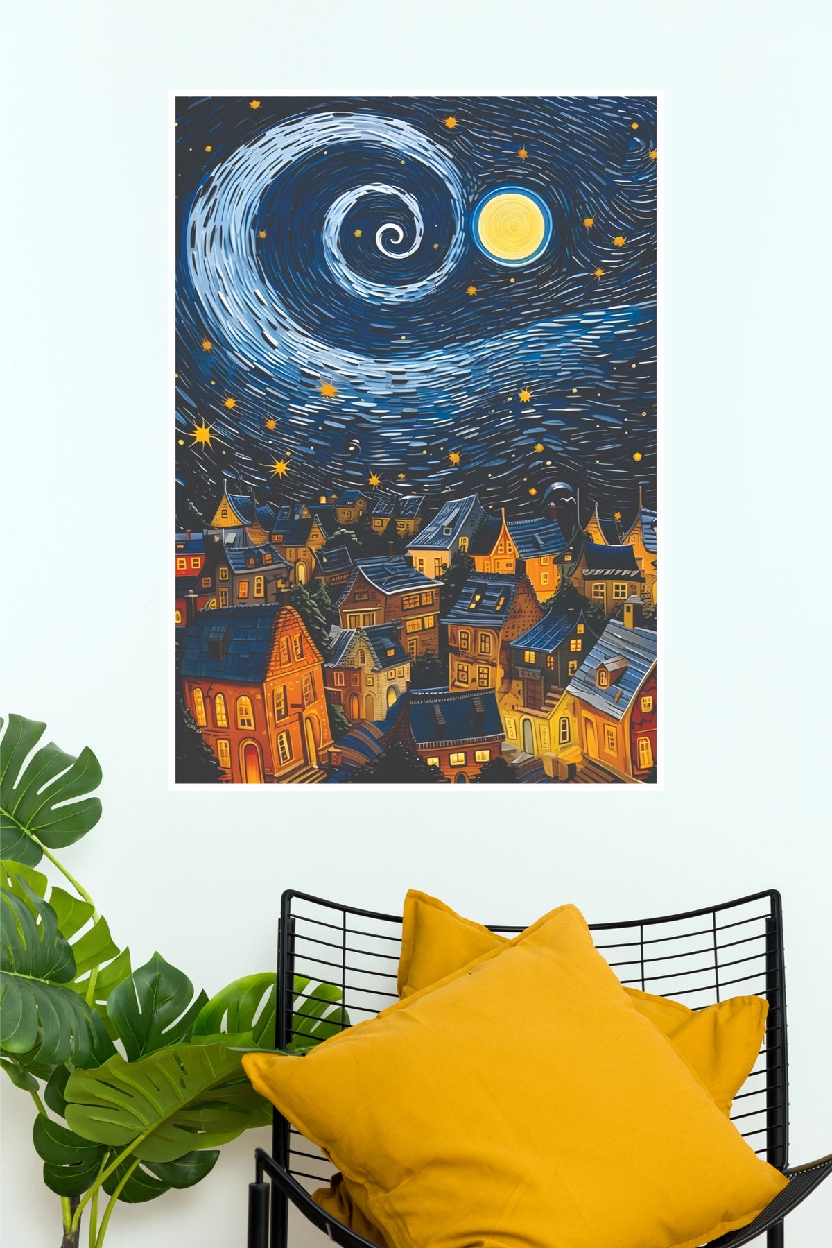 Starry Night European Town Wall Art – Impressionist Swirling Sky Village Paper Poster(Moon Light Sky Poster)