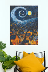 Starry Night European Town Wall Art – Impressionist Swirling Sky Village Paper Poster(Moon Light Sky Poster)