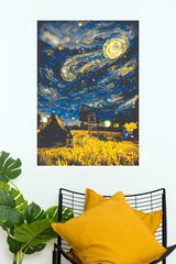 Starry Night Countryside Cottage Wall Art – Impressionist Golden Field Paper Poster(Moon Light Sky Poster)