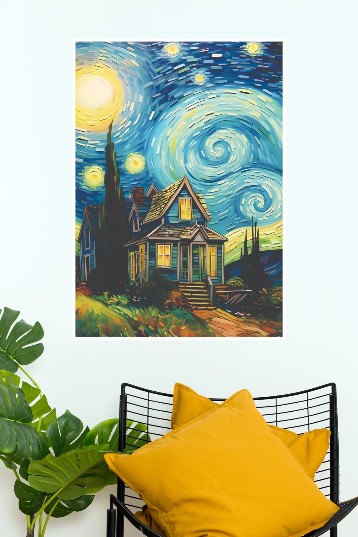 Starry Night Country Cottage Wall Art – Impressionist Rural House Paper Poster(Moon Light Sky Poster)
