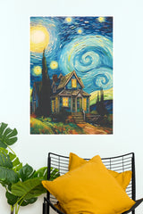 Starry Night Country Cottage Wall Art – Impressionist Rural House Paper Poster(Moon Light Sky Poster)