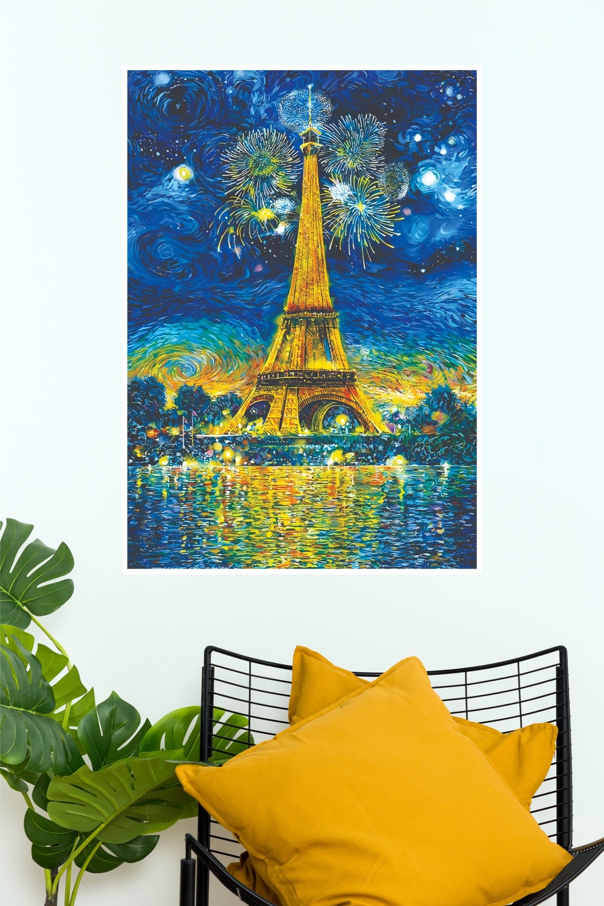 Starry Night Eiffel Tower Wall Art – Impressionist Paris Fireworks Paper Poster(Moon Light Sky Poster)