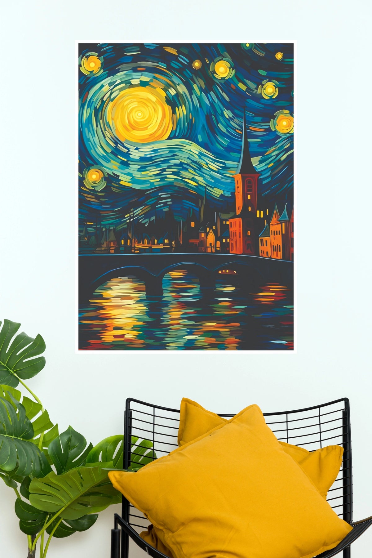 Starry Night European Bridge Wall Art – Impressionist River Town Paper Poster(Moon Light Sky Poster)
