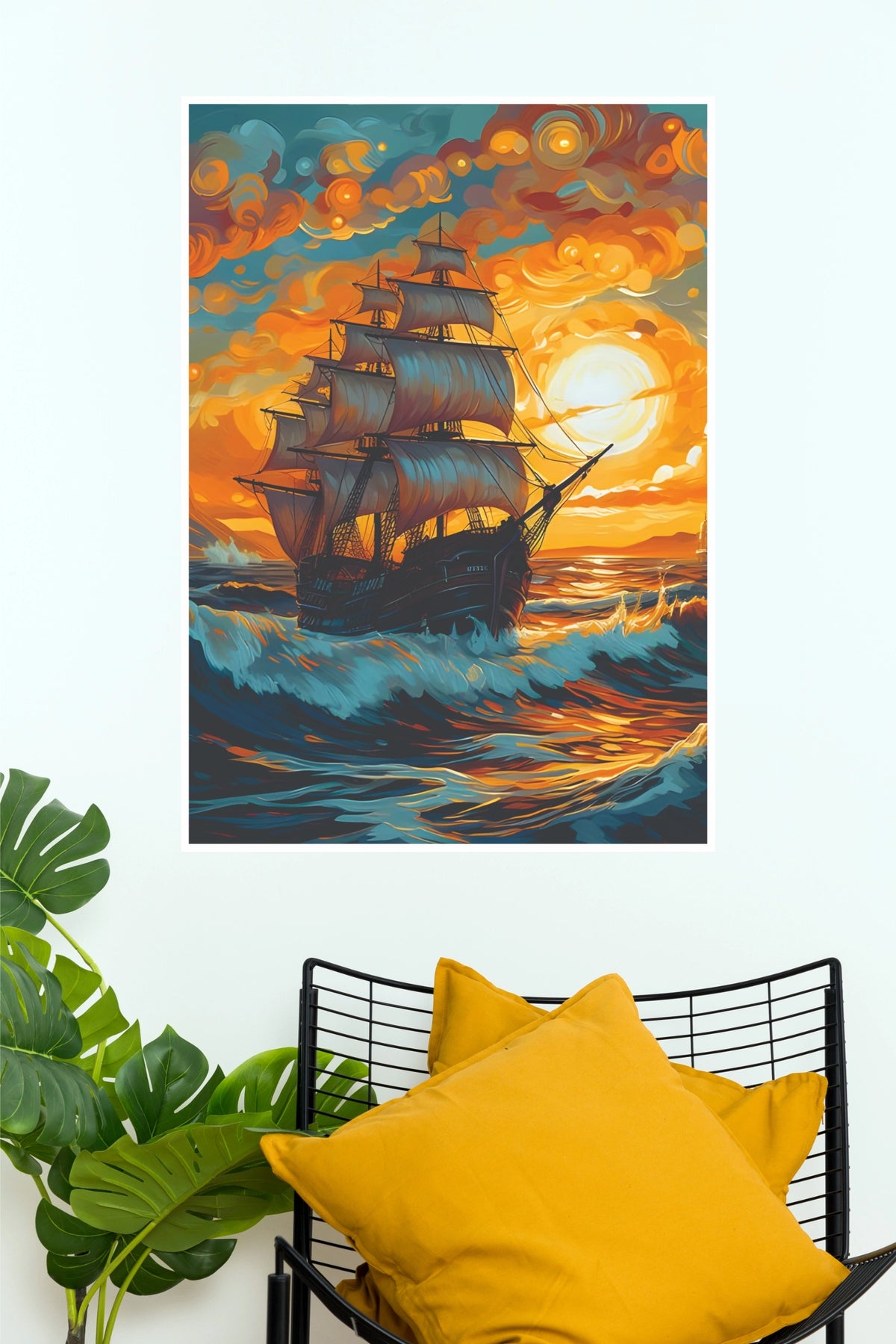 Impressionist Sailing Ship at Sunset Wall Art – Fiery Swirling Ocean Paper Poster(Moon Light Sky Poster)