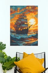 Impressionist Sailing Ship at Sunset Wall Art – Fiery Swirling Ocean Paper Poster(Moon Light Sky Poster)