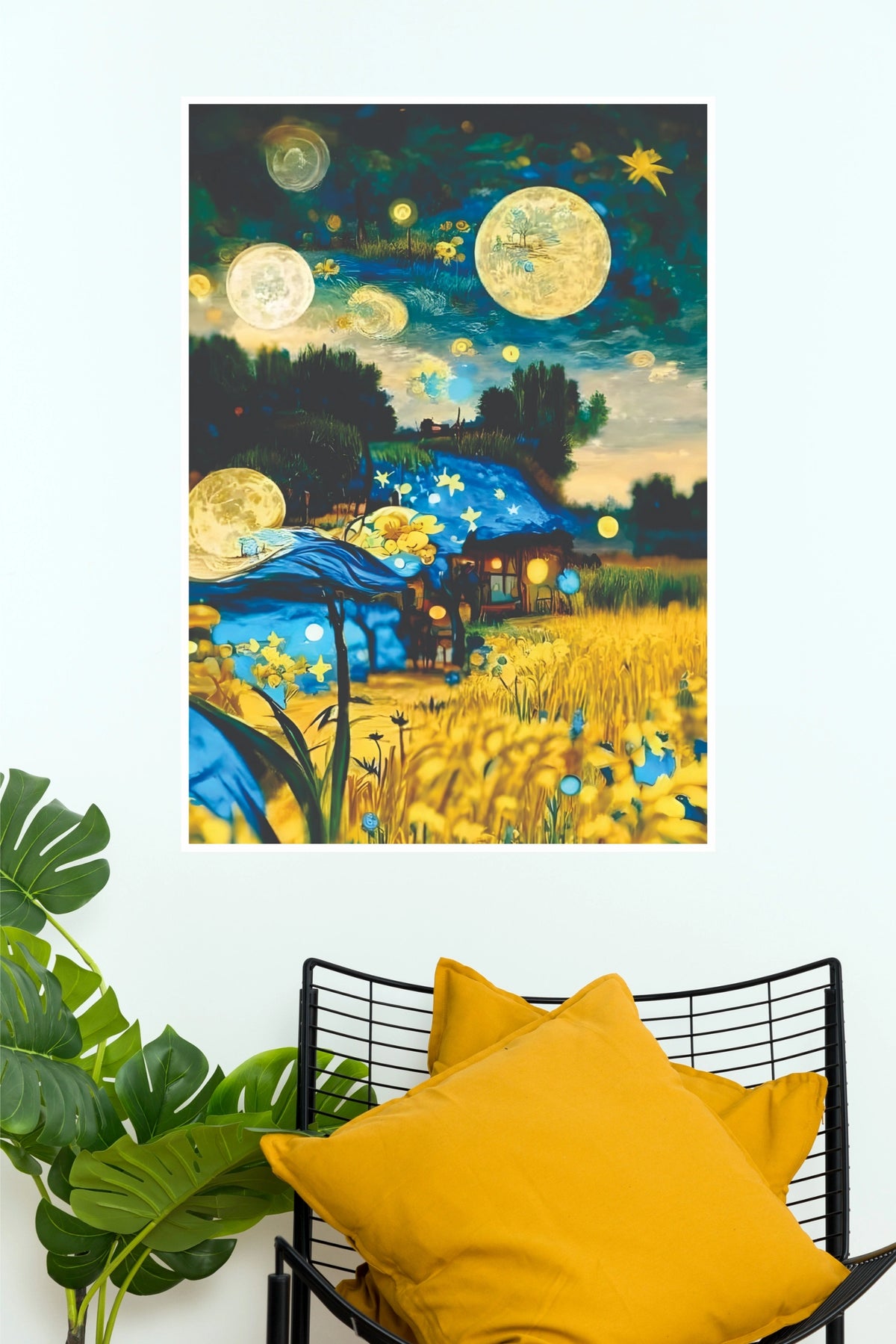 Dreamy Moonlit Cottage Fantasy Landscape Poster – Starry Night Wall Art(Moon Light Sky Poster)
