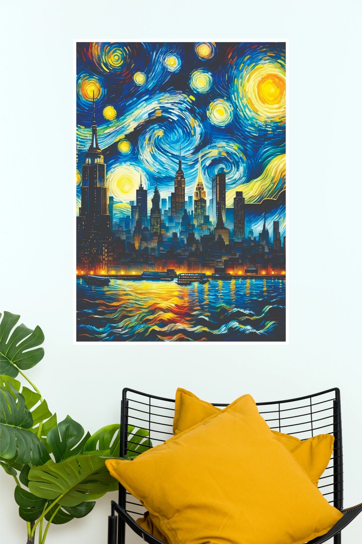 New York City Starry Night Skyline Poster | Abstract City Wall Art(Moon Light Sky Poster)
