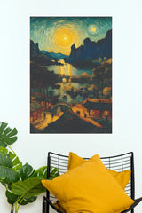 Moonlit Mountain Village Lake Poster | Starry Night Landscape Wall Art(Moon Light Sky Poster)