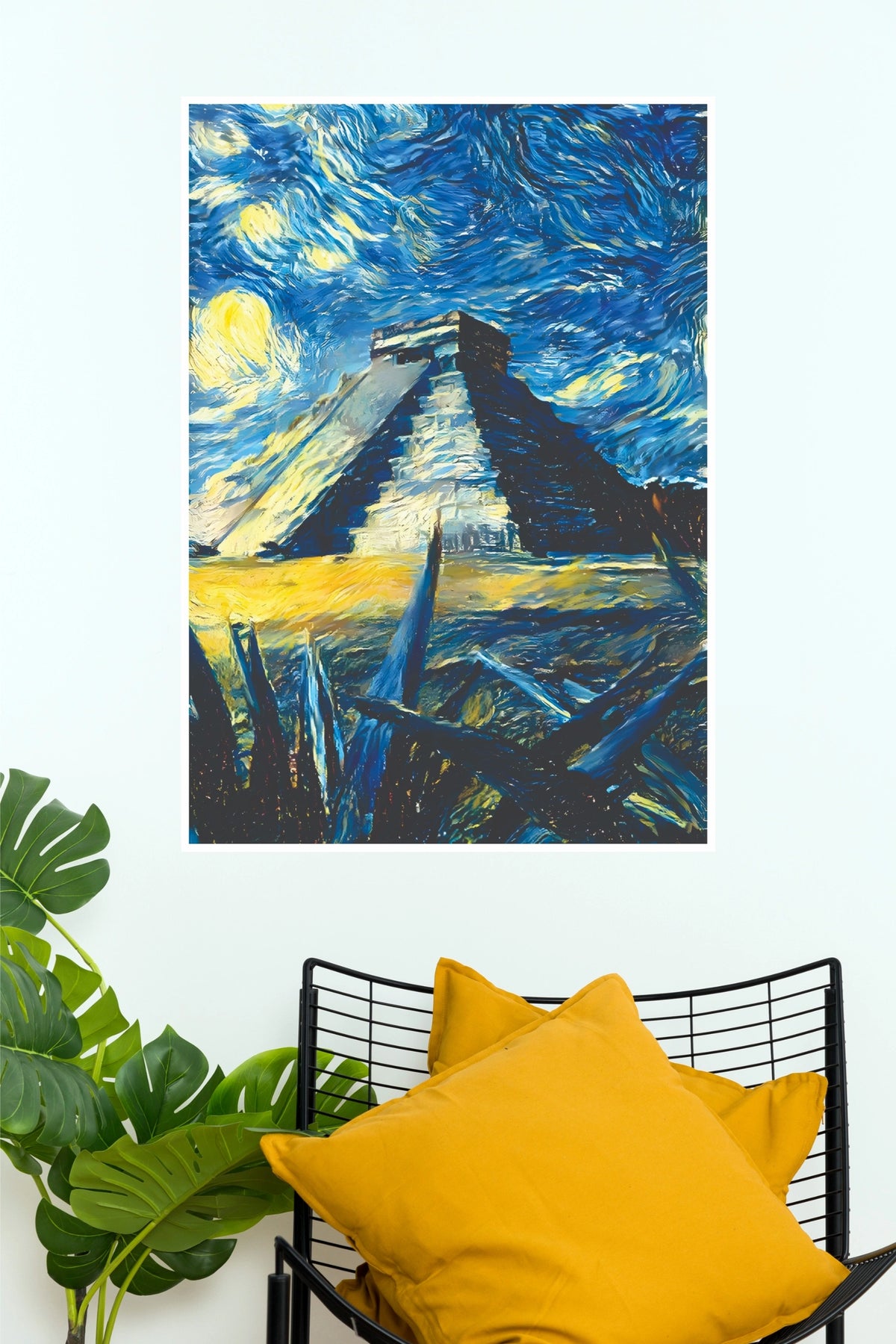 Chichen Itza Starry Night Canvas Art - Mayan Pyramid Van Gogh Style Wall Poster(Moon Light Sky Poster)