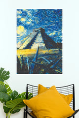 Chichen Itza Starry Night Canvas Art - Mayan Pyramid Van Gogh Style Wall Poster(Moon Light Sky Poster)