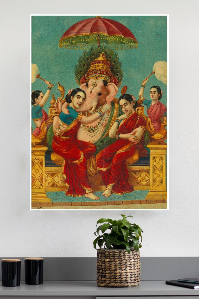 Ganapati with his consorts Riddhi and Siddhi Poster | God Posters