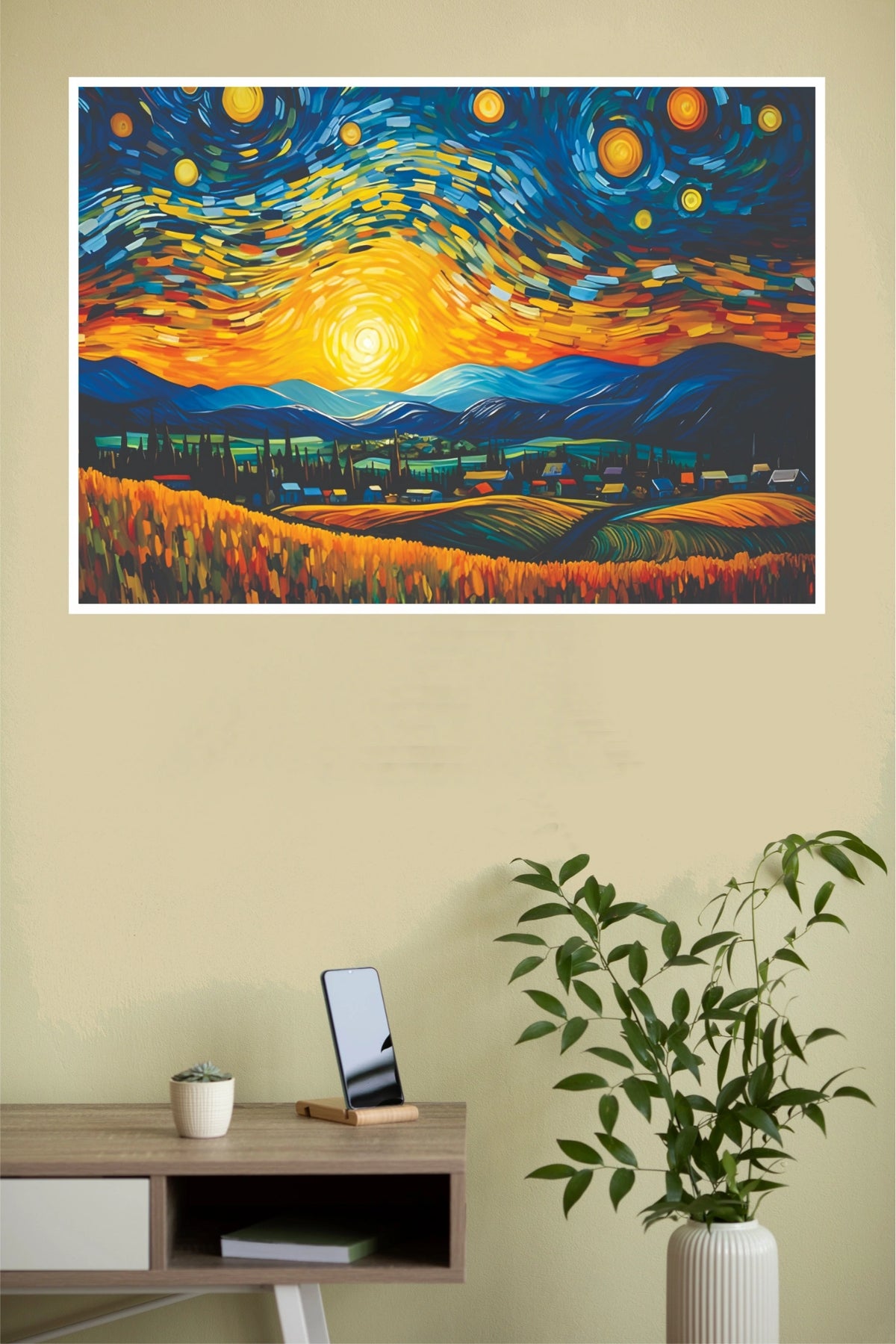Golden Sunset Starry Landscape Wall Art Poster(Moon Light Sky Poster)